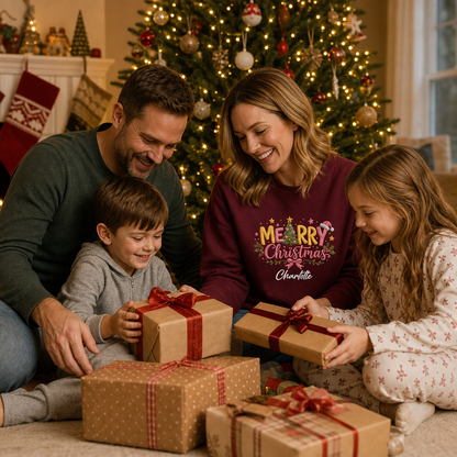 Personalized Embroidered Merry Christmas Typography Sweatshirt with Custom Name