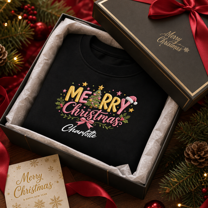 Personalized Embroidered Merry Christmas Typography Sweatshirt with Custom Name