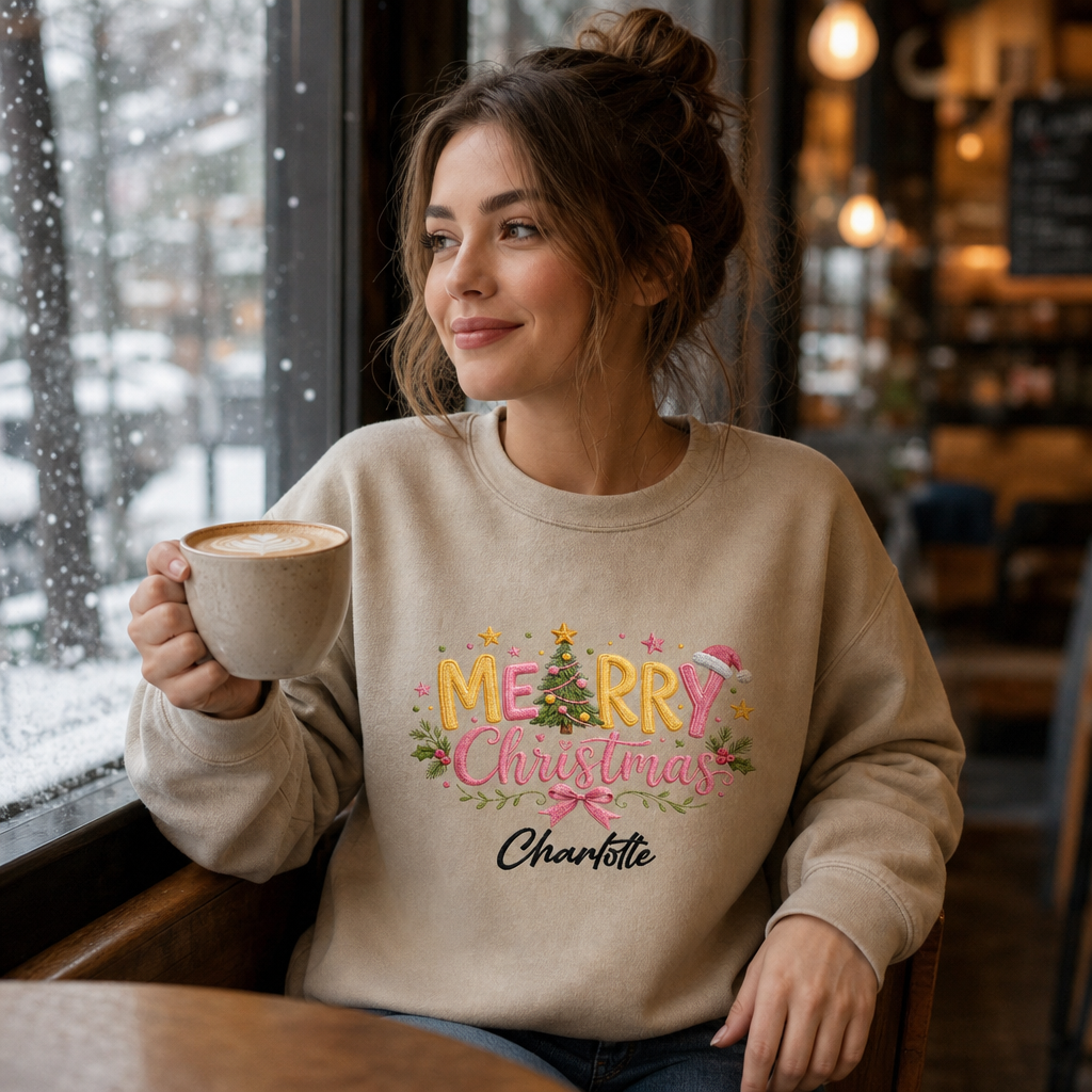 Personalized Embroidered Merry Christmas Typography Sweatshirt with Custom Name