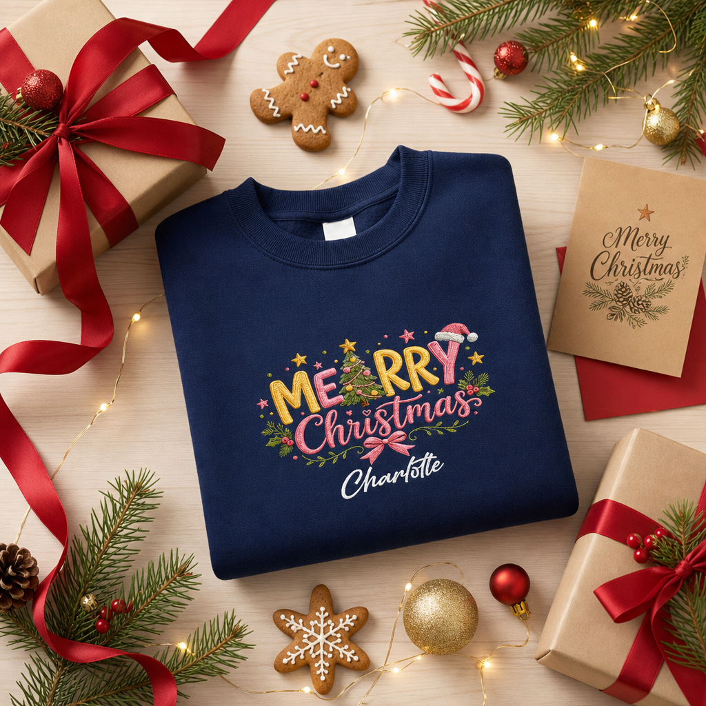 Personalized Embroidered Merry Christmas Typography Sweatshirt with Custom Name