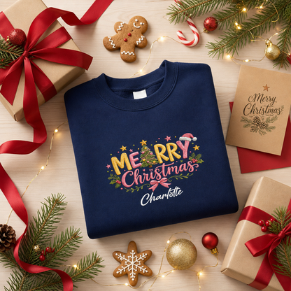 Personalized Embroidered Merry Christmas Typography Sweatshirt with Custom Name
