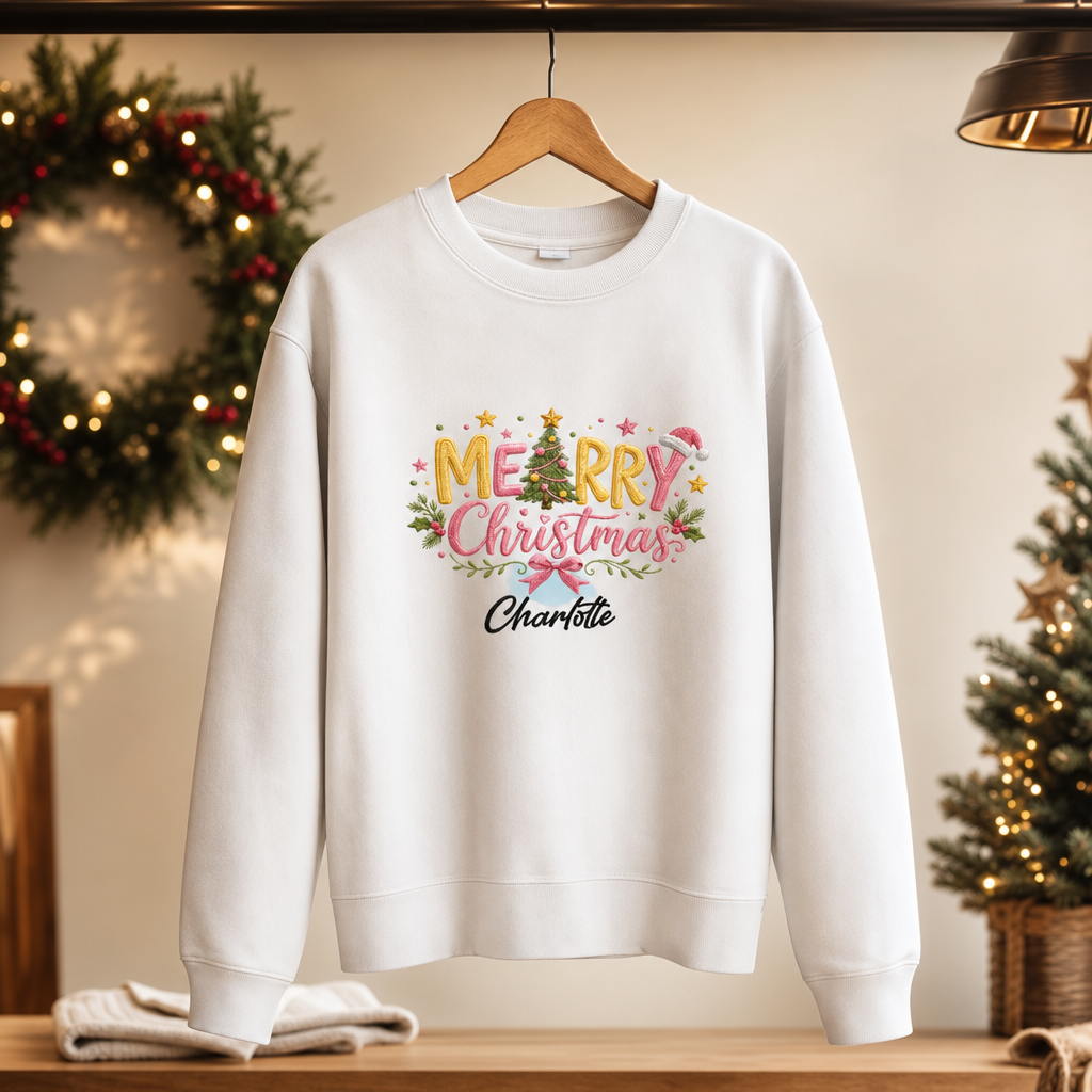 Personalized Embroidered Merry Christmas Typography Sweatshirt with Custom Name