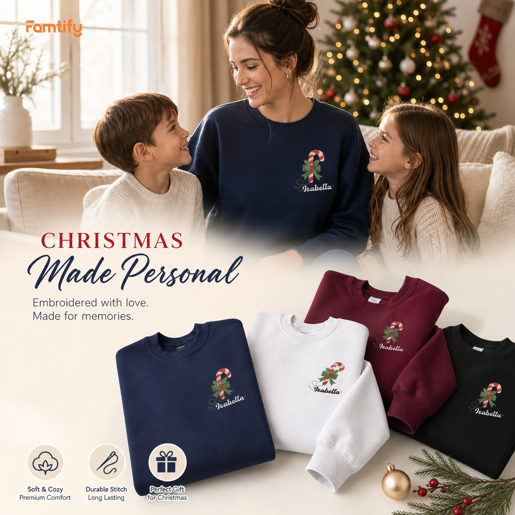 Personalized Embroidered Candy Cane Monogram Sweatshirt with Custom Name