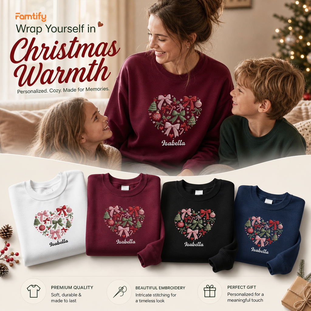 Personalized Embroidered Christmas Heart Wreath Sweatshirt with Custom Name
