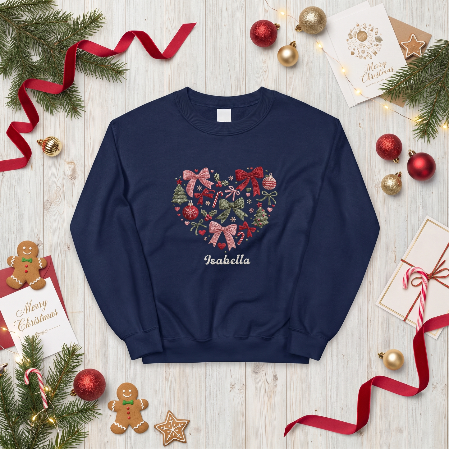 Personalized Embroidered Christmas Heart Wreath Sweatshirt with Custom Name