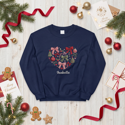 Personalized Embroidered Christmas Heart Wreath Sweatshirt with Custom Name