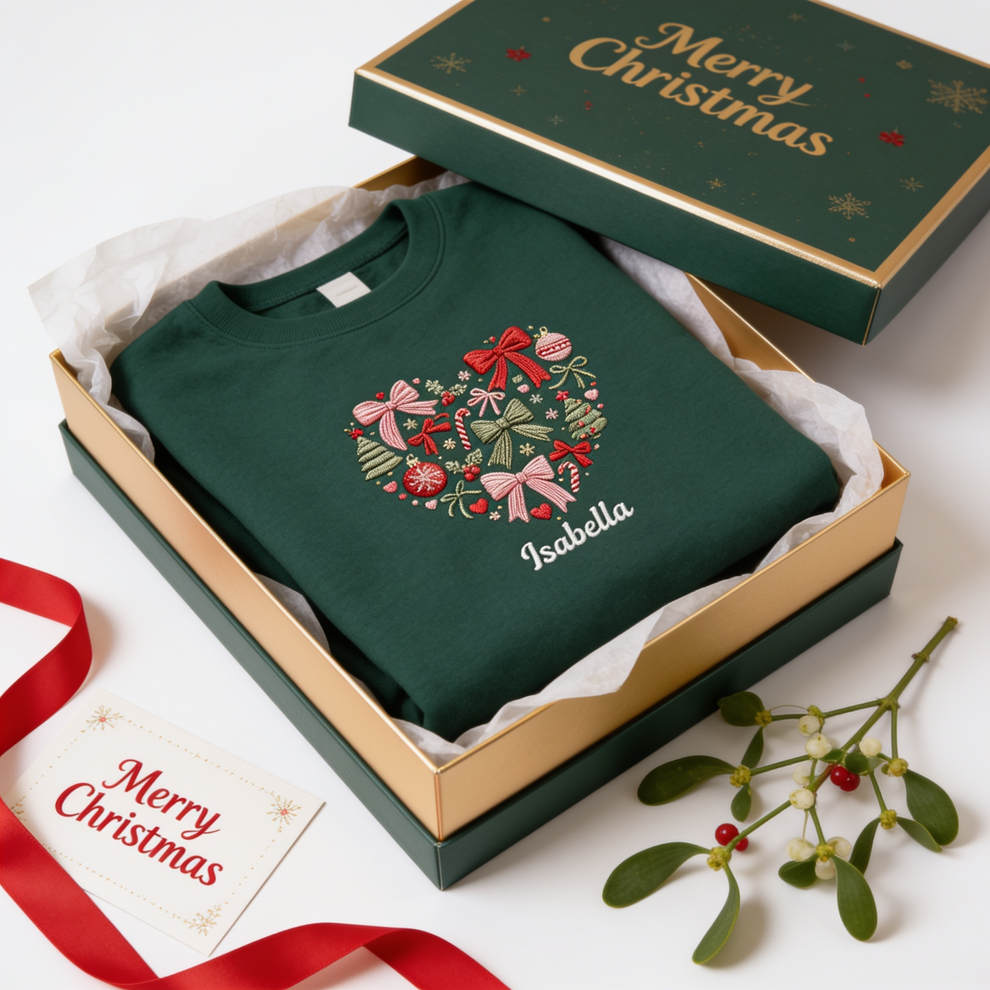 Personalized Embroidered Christmas Heart Wreath Sweatshirt with Custom Name