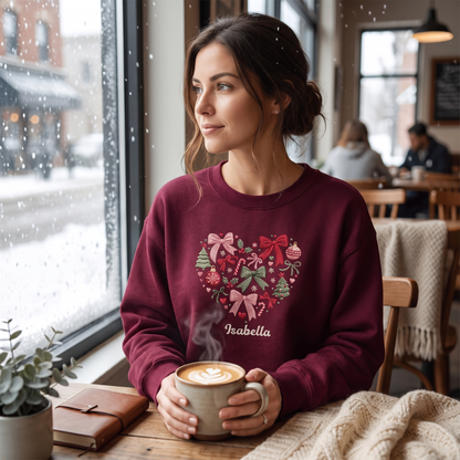 Personalized Embroidered Christmas Heart Wreath Sweatshirt with Custom Name