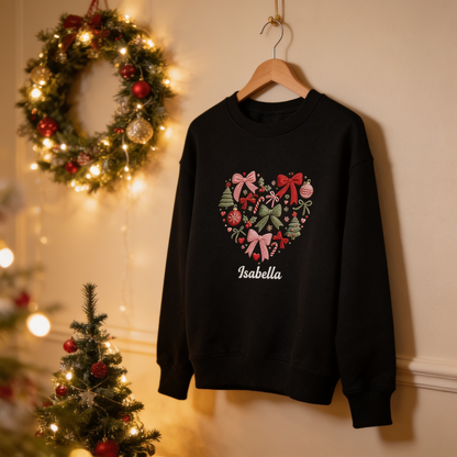 Personalized Embroidered Christmas Heart Wreath Sweatshirt with Custom Name