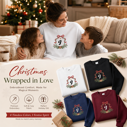 Personalized Embroidered Christmas Monogram Wreath Sweatshirt with Custom Initial