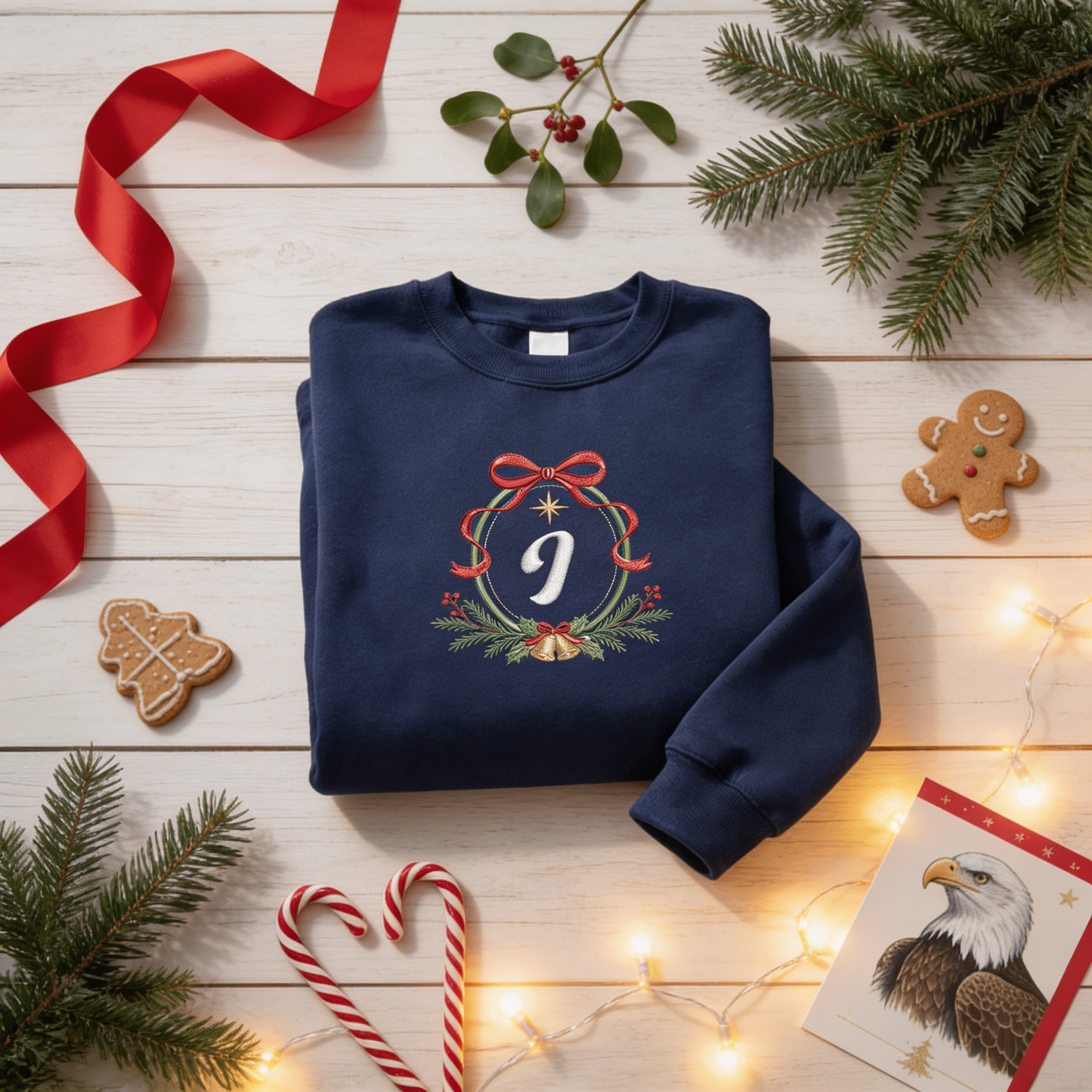 Personalized Embroidered Christmas Monogram Wreath Sweatshirt with Custom Initial