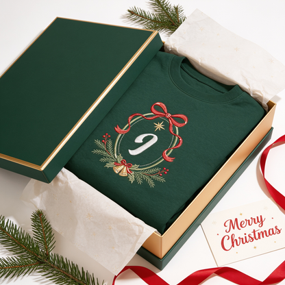Personalized Embroidered Christmas Monogram Wreath Sweatshirt with Custom Initial