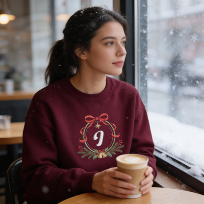 Personalized Embroidered Christmas Monogram Wreath Sweatshirt with Custom Initial