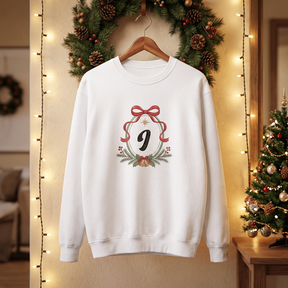 Personalized Embroidered Christmas Monogram Wreath Sweatshirt with Custom Initial