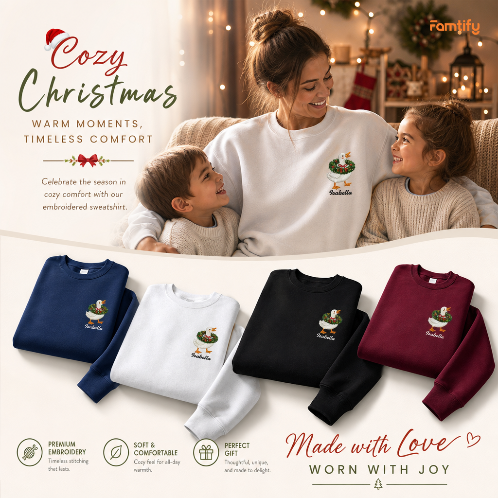 Personalized Embroidered Goose with Christmas Wreath Sweatshirt with Custom Name