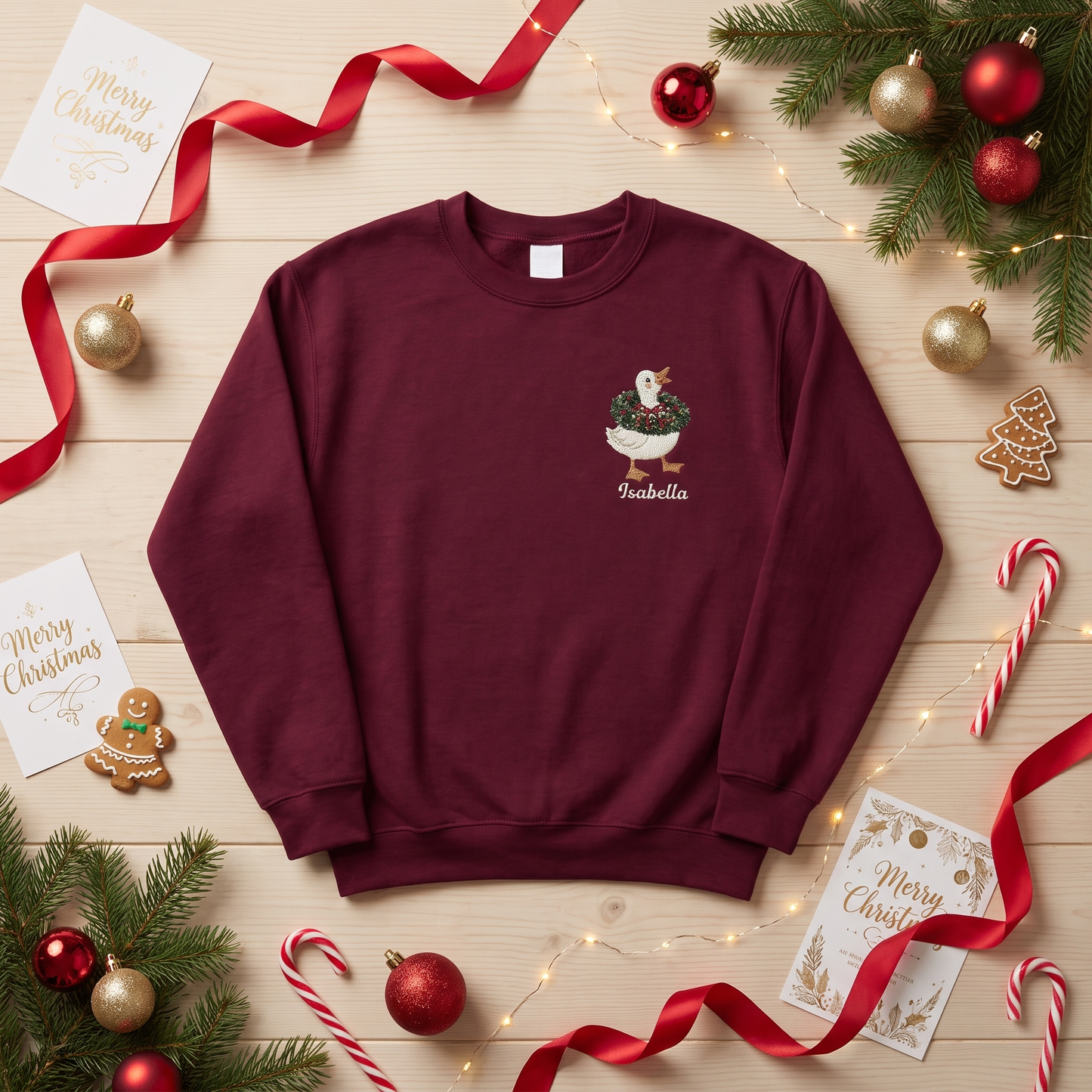 Personalized Embroidered Goose with Christmas Wreath Sweatshirt with Custom Name