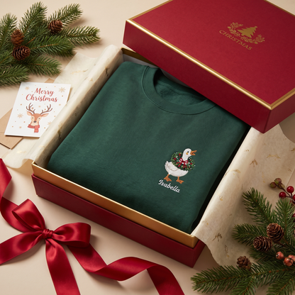 Personalized Embroidered Goose with Christmas Wreath Sweatshirt with Custom Name