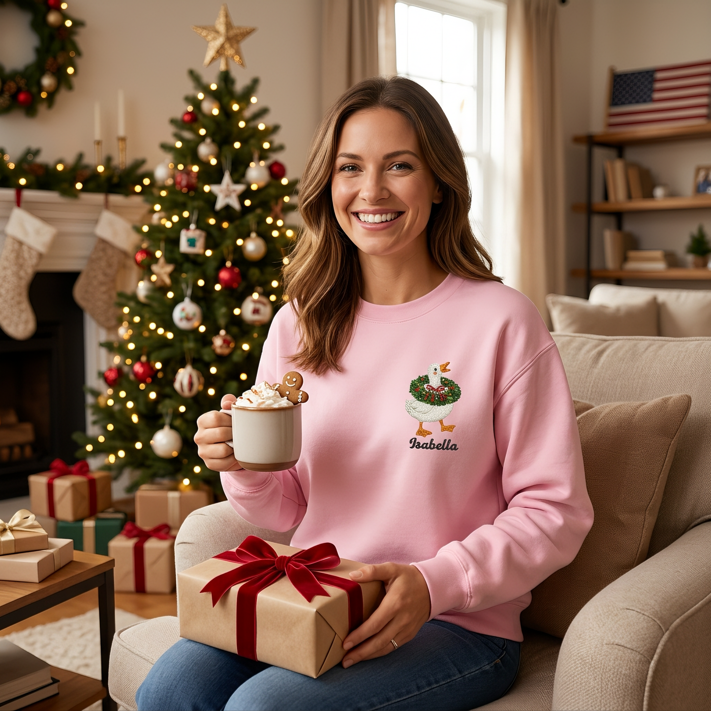 Personalized Embroidered Goose with Christmas Wreath Sweatshirt with Custom Name