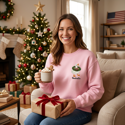 Personalized Embroidered Goose with Christmas Wreath Sweatshirt with Custom Name
