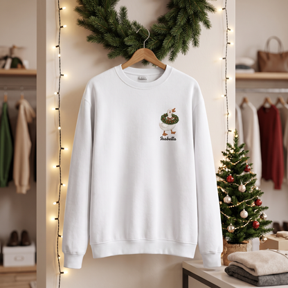 Personalized Embroidered Goose with Christmas Wreath Sweatshirt with Custom Name