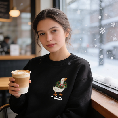 Personalized Embroidered Goose with Christmas Wreath Sweatshirt with Custom Name