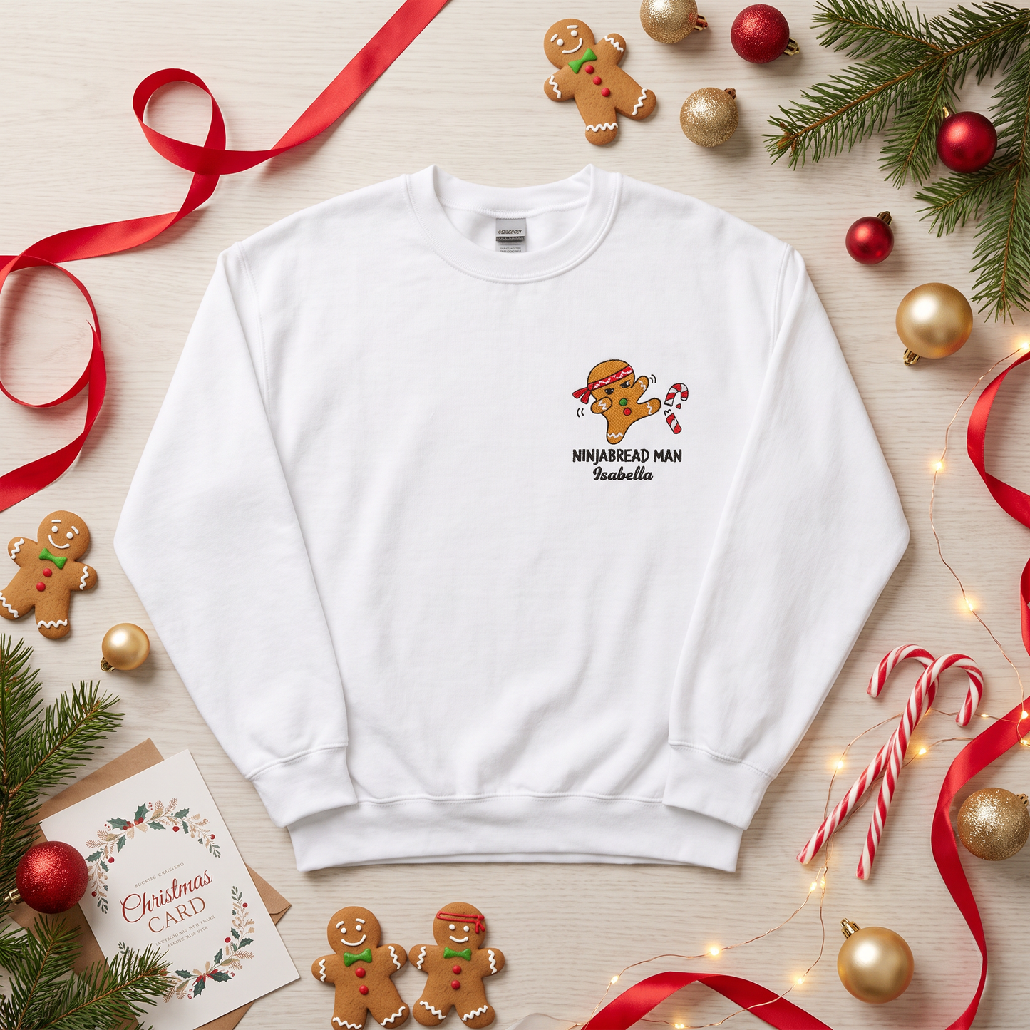 Funny Ninjabread Man Embroidered Sweatshirt with Custom Name | Personalized Christmas Gingerbread Crewneck Gift