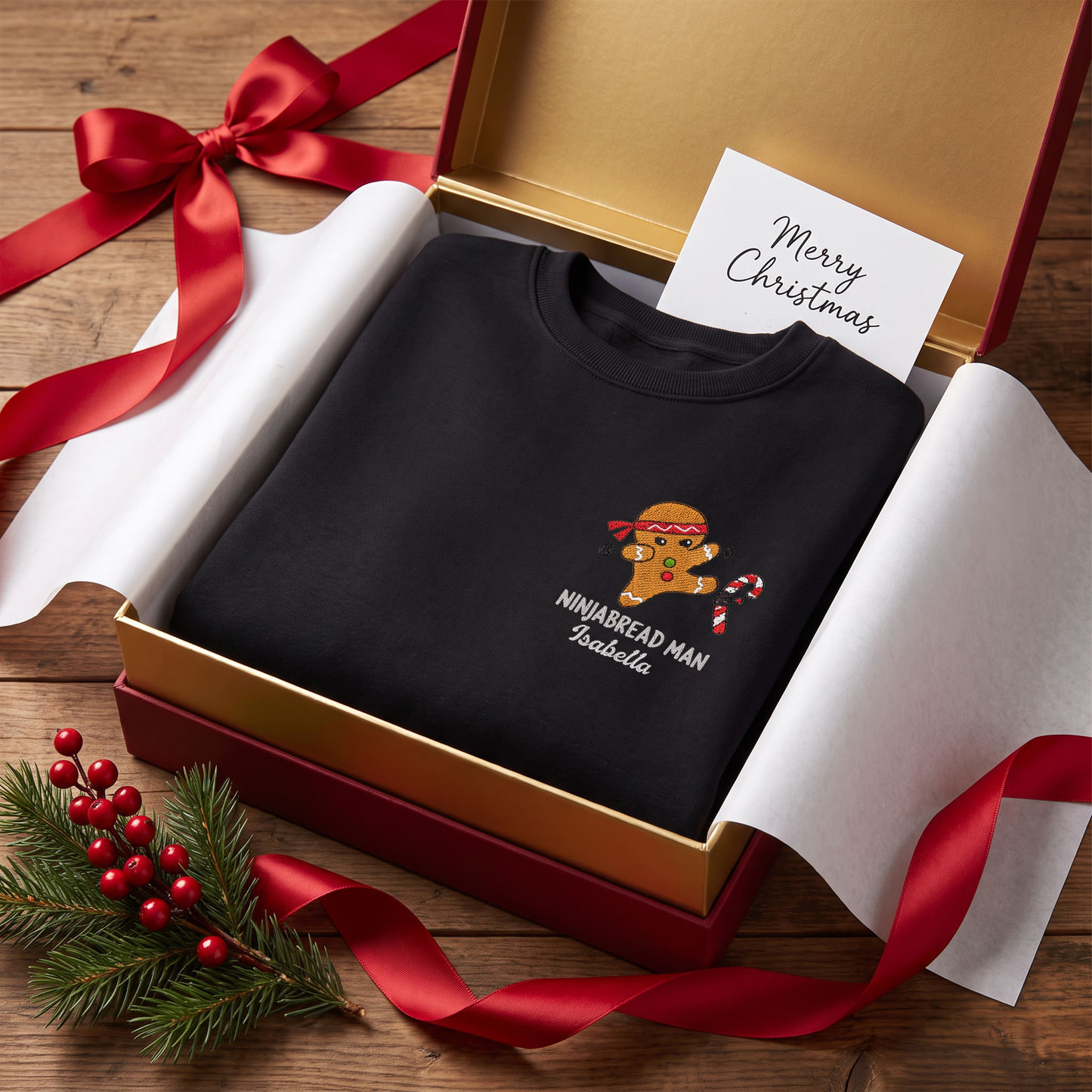 Funny Ninjabread Man Embroidered Sweatshirt with Custom Name | Personalized Christmas Gingerbread Crewneck Gift