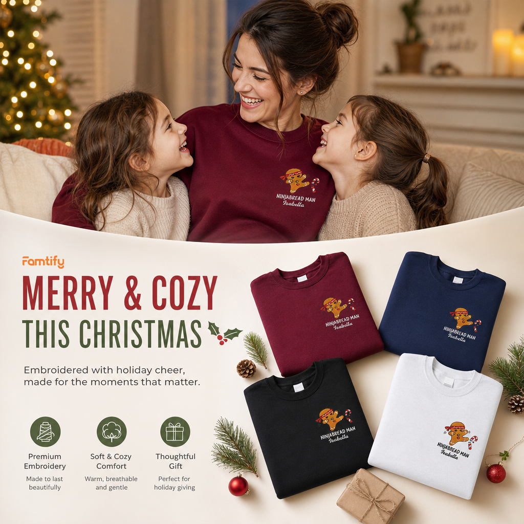 Funny Ninjabread Man Embroidered Sweatshirt with Custom Name | Personalized Christmas Gingerbread Crewneck Gift