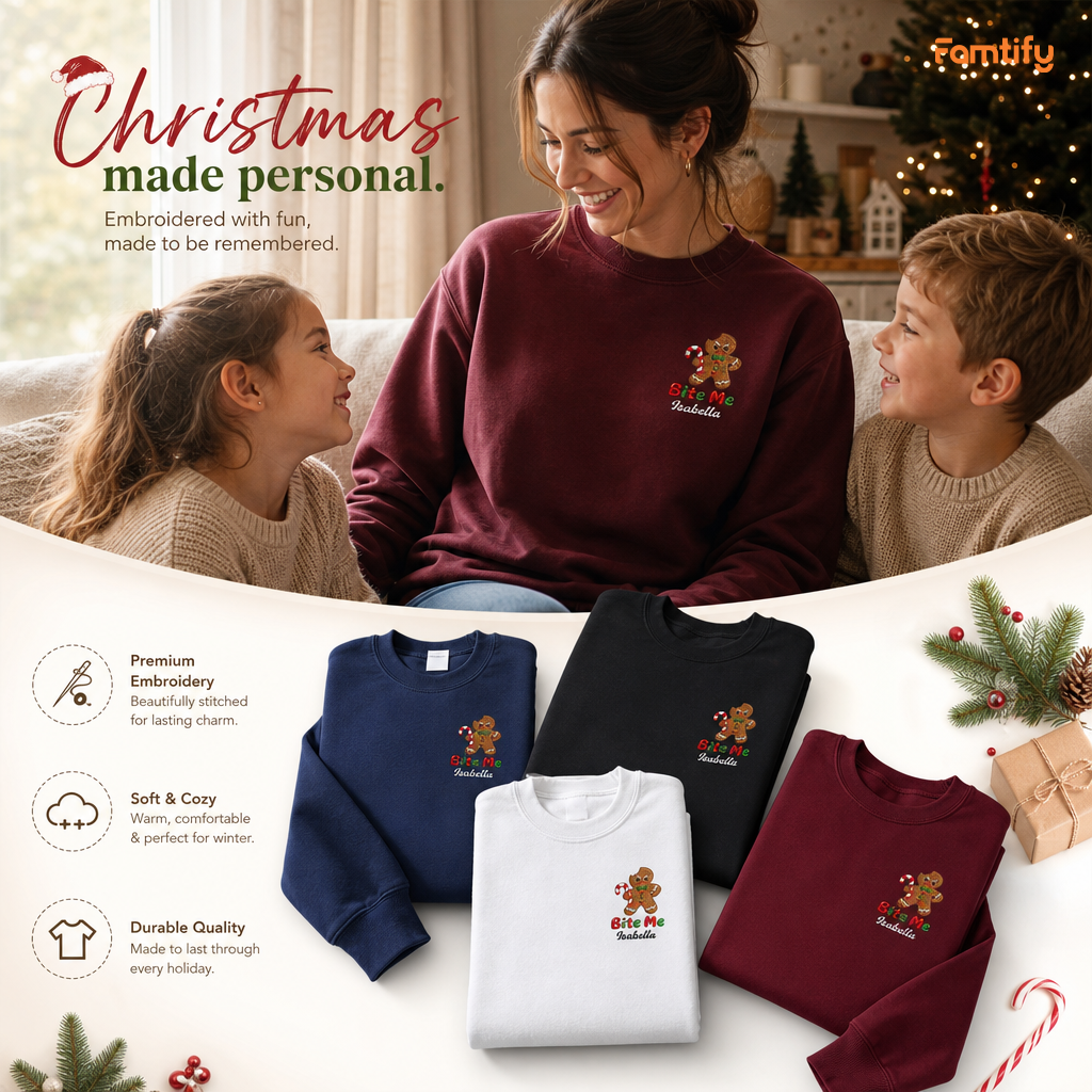 Personalized Embroidered Bite Me Gingerbread Sweatshirt with Custom Name