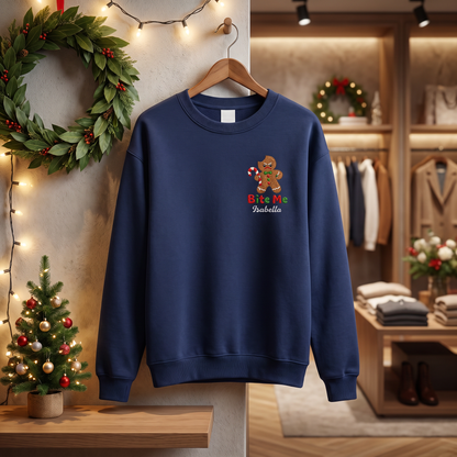 Personalized Embroidered Bite Me Gingerbread Sweatshirt with Custom Name