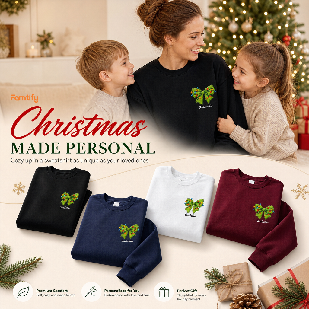 Personalized Christmas Bow Embroidered Sweatshirt, Custom Name Holiday Crewneck, Cute Christmas Sweatshirt Gift for Women, Kids & Family