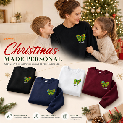 Personalized Christmas Bow Embroidered Sweatshirt, Custom Name Holiday Crewneck, Cute Christmas Sweatshirt Gift for Women, Kids & Family