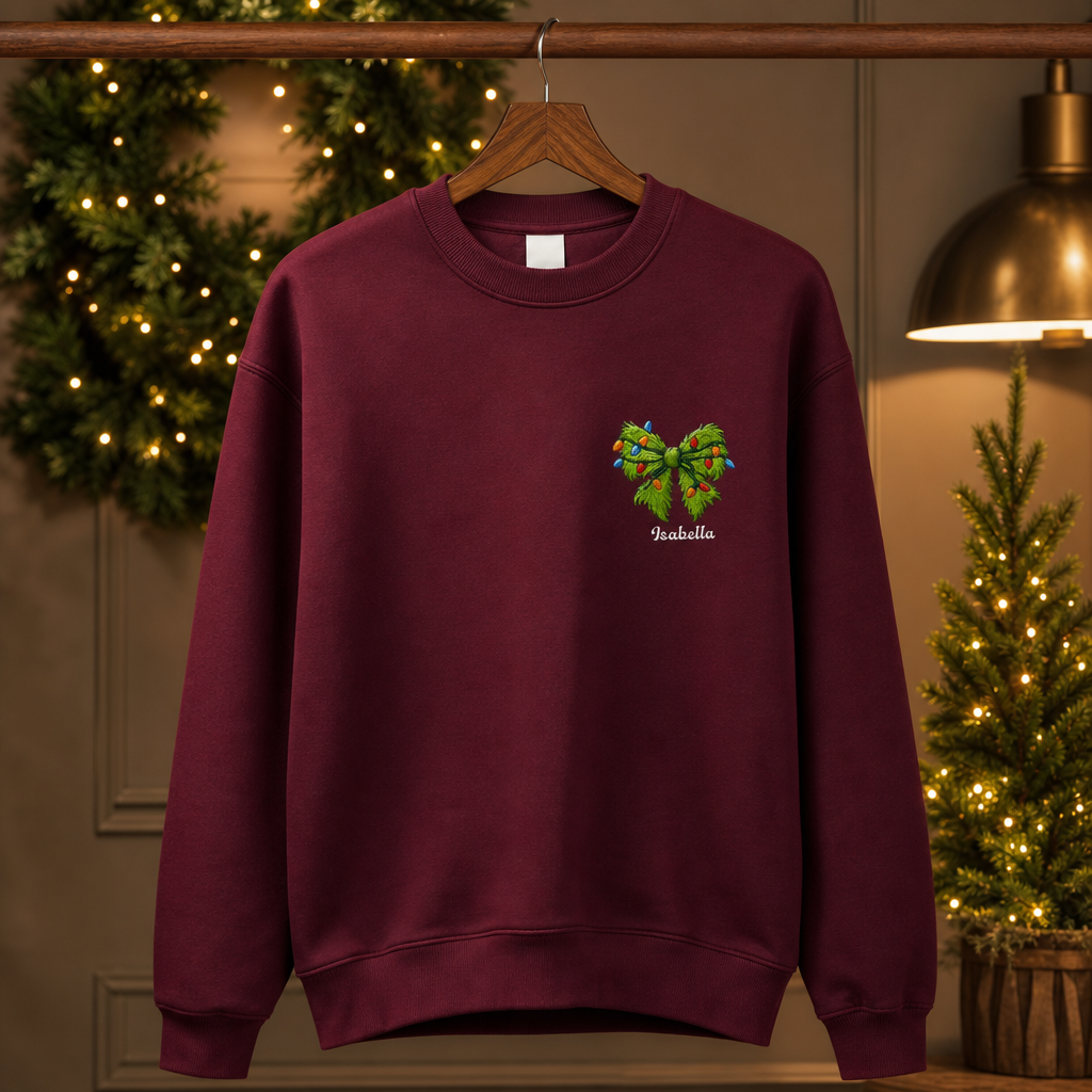 Personalized Christmas Bow Embroidered Sweatshirt, Custom Name Holiday Crewneck, Cute Christmas Sweatshirt Gift for Women, Kids & Family
