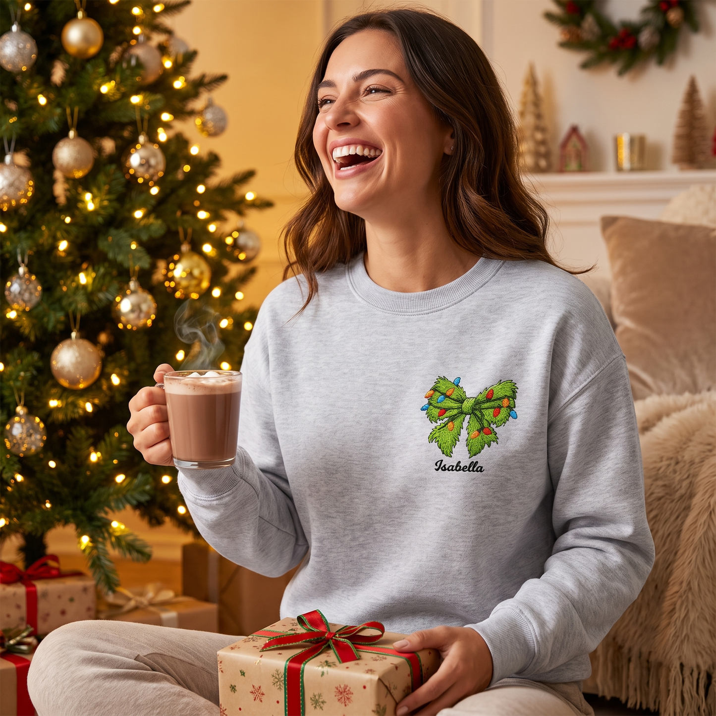 Personalized Christmas Bow Embroidered Sweatshirt, Custom Name Holiday Crewneck, Cute Christmas Sweatshirt Gift for Women, Kids & Family