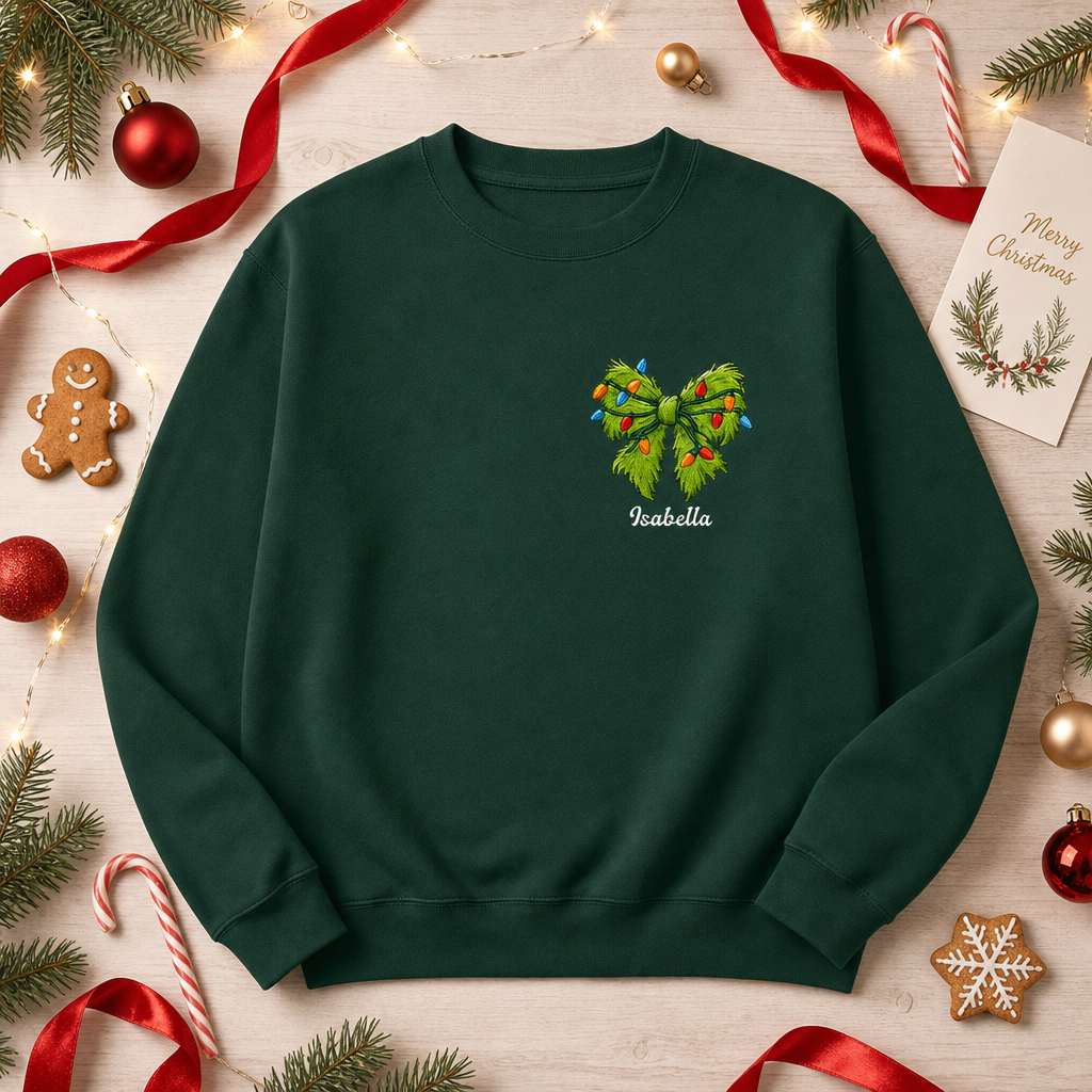 Personalized Christmas Bow Embroidered Sweatshirt, Custom Name Holiday Crewneck, Cute Christmas Sweatshirt Gift for Women, Kids & Family