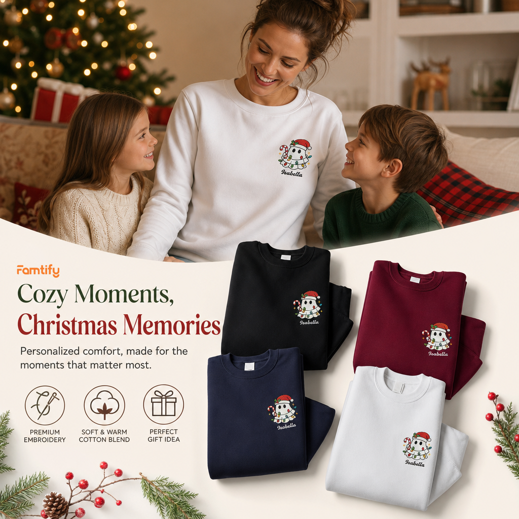 Personalized Cute Christmas Ghost Embroidered Sweatshirt, Custom Name Spooky Holiday Crewneck, Funny Christmas Ghost Sweatshirt Gift
