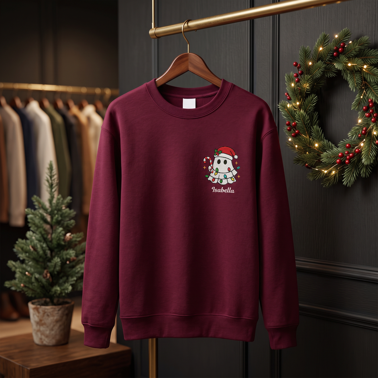 Personalized Cute Christmas Ghost Embroidered Sweatshirt, Custom Name Spooky Holiday Crewneck, Funny Christmas Ghost Sweatshirt Gift