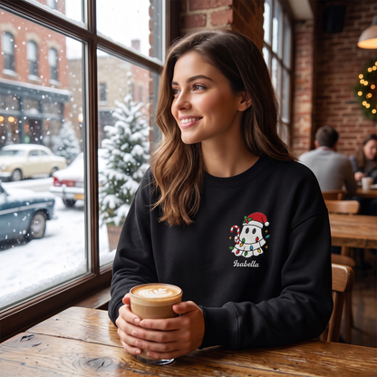 Personalized Cute Christmas Ghost Embroidered Sweatshirt, Custom Name Spooky Holiday Crewneck, Funny Christmas Ghost Sweatshirt Gift