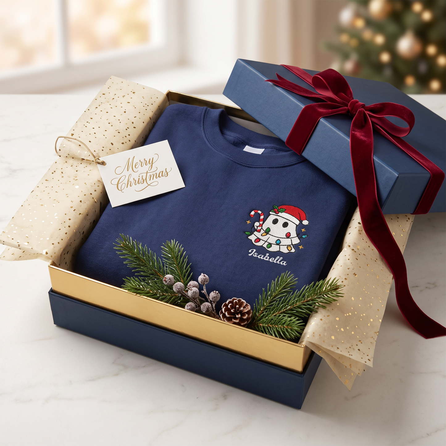 Personalized Cute Christmas Ghost Embroidered Sweatshirt, Custom Name Spooky Holiday Crewneck, Funny Christmas Ghost Sweatshirt Gift