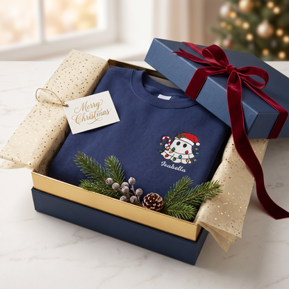 Personalized Cute Christmas Ghost Embroidered Sweatshirt, Custom Name Spooky Holiday Crewneck, Funny Christmas Ghost Sweatshirt Gift