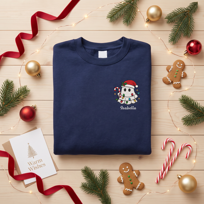 Personalized Cute Christmas Ghost Embroidered Sweatshirt, Custom Name Spooky Holiday Crewneck, Funny Christmas Ghost Sweatshirt Gift