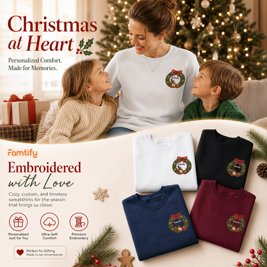 Personalized Deer Christmas Wreath Embroidered Sweatshirt, Custom Name Christmas Crewneck Gift