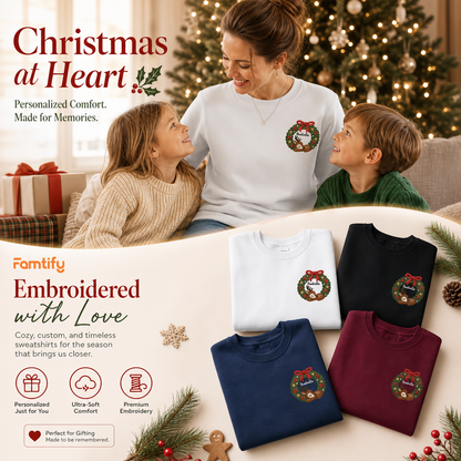 Personalized Deer Christmas Wreath Embroidered Sweatshirt, Custom Name Christmas Crewneck Gift