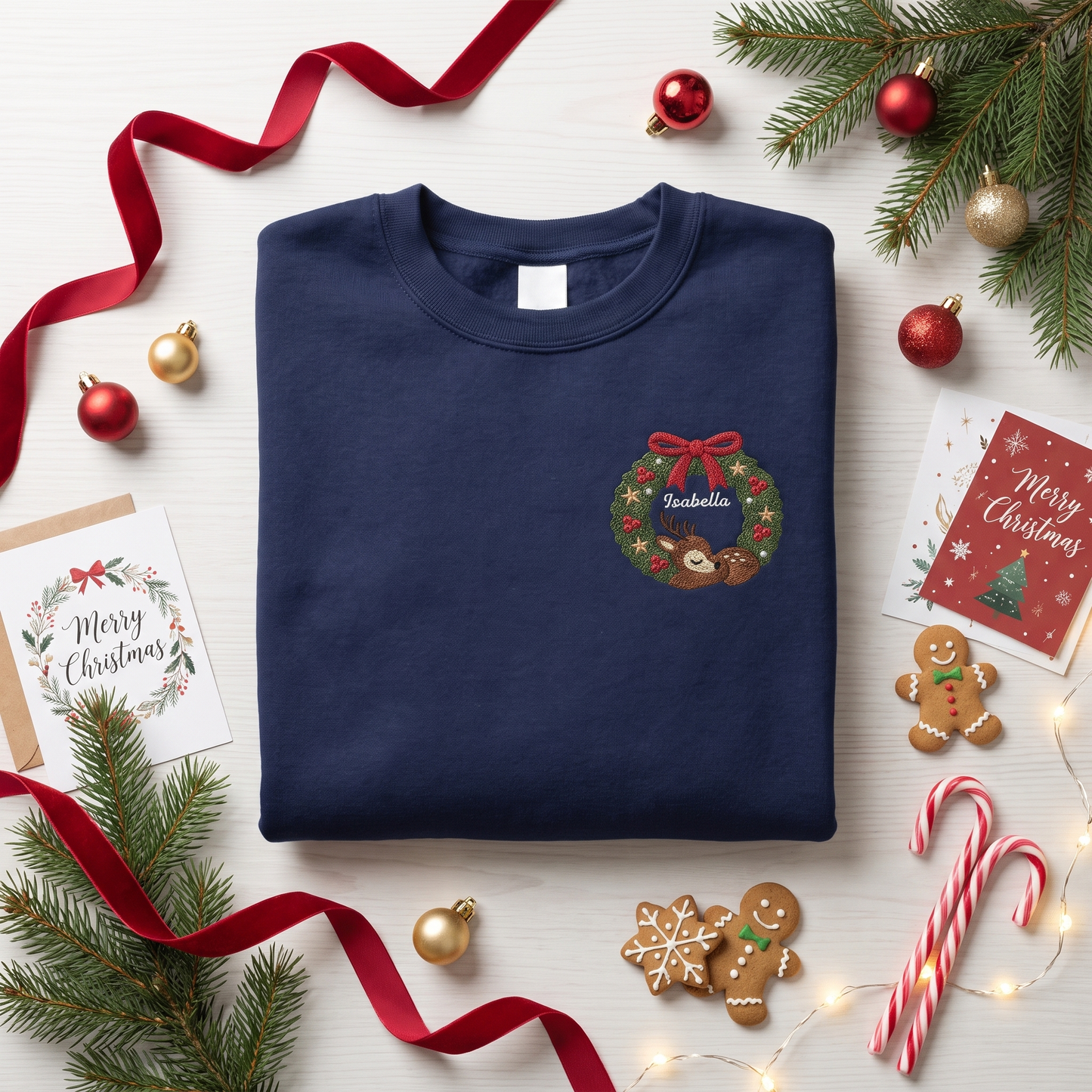 Personalized Deer Christmas Wreath Embroidered Sweatshirt, Custom Name Christmas Crewneck Gift