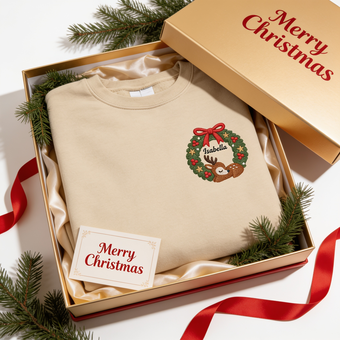 Personalized Deer Christmas Wreath Embroidered Sweatshirt, Custom Name Christmas Crewneck Gift
