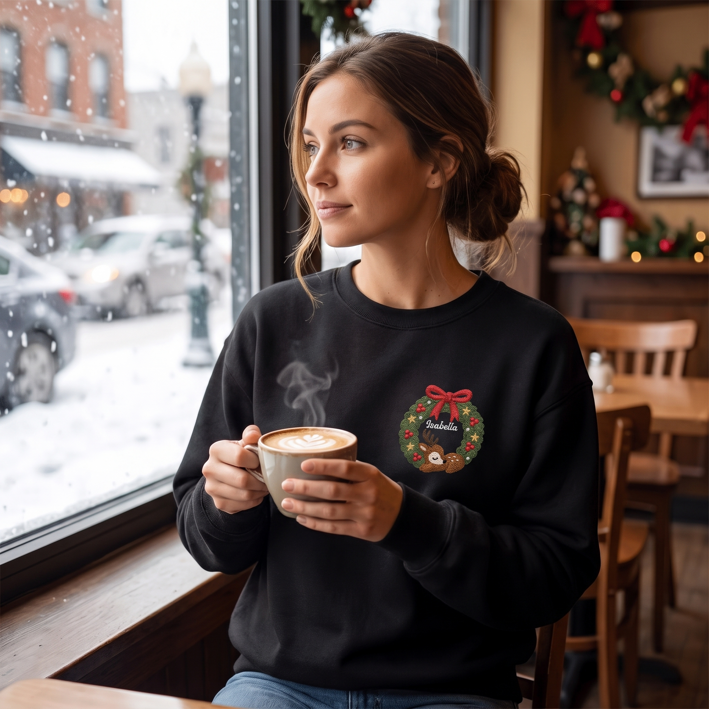 Personalized Deer Christmas Wreath Embroidered Sweatshirt, Custom Name Christmas Crewneck Gift