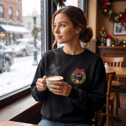 Personalized Deer Christmas Wreath Embroidered Sweatshirt, Custom Name Christmas Crewneck Gift