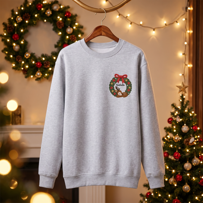 Personalized Deer Christmas Wreath Embroidered Sweatshirt, Custom Name Christmas Crewneck Gift