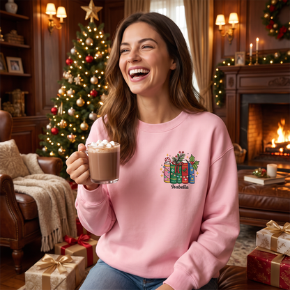 Personalized Christmas Books Sweatshirt with Custom Name | Cozy Holiday Book Lover Crewneck