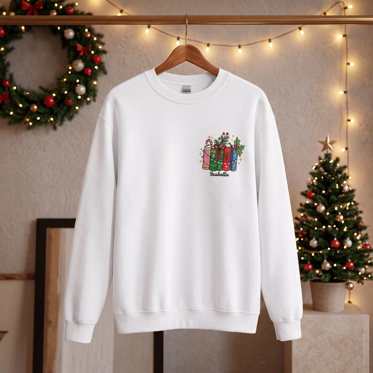 Personalized Christmas Books Sweatshirt with Custom Name | Cozy Holiday Book Lover Crewneck